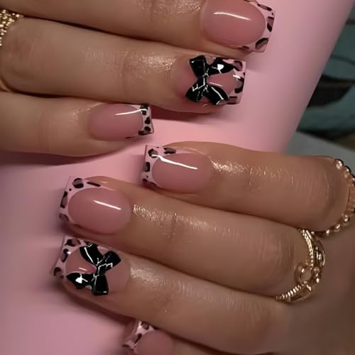 Viugex 24 Stück Falsche Nägel Kurze Eckig, Nude Rosa Kunstnägel Press on Nails mit 3D Schleifen & Leopardenmuster Design, Acryl Full Cover Künstliche Fingernägel zum Aufkleben für Frauen Mädchen