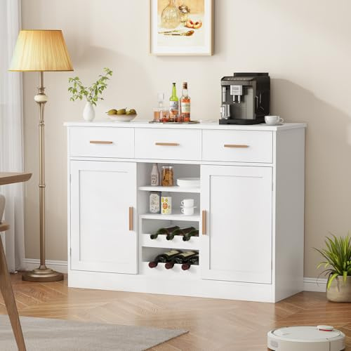 Küchenschrank mit Arbeitsfläche, Buffetschrank mit 3 Schubladen, Sideboard mit Steckdose, Flexibles Weinregal, Seitliches Ablagefach, Verstellbare Ablagen, Küche, Esszimmer, 40X107X80 cm, Weiß