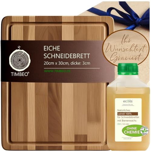 TIMBEO Tagliere in Legno QUERCIA | Set: OLIO di Lino 100% Naturale per Taglieri | LEGNO MASSELLO 30 x 20cm, Spessore 3cm | Extra Resistente e STABILE 2kg | Prodotto nell'UE (Polonia), non in CINA