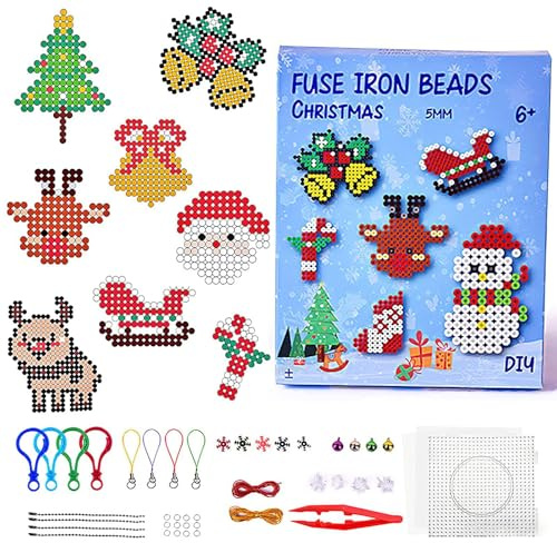 AMSNINK Bügelperlen Weihnachten Set, 5mm Bügelperlen mit Bunte Perlen, Platten, Muster & Zubehör für Kinder DIY Basteln, Perfektes Handwerk Geschenk für Mädchen Jungen