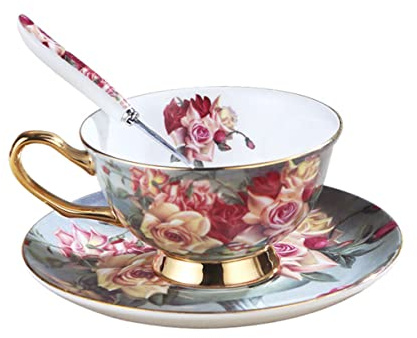 BESTYASH Tazza Da Caffè in Ceramica Piattino e Cucchiaio Stile Europeo Con Rifinitura Per Caffè Tè e Bevande Calde Resistente e Antigraffio Per Casa Ufficio e Bar