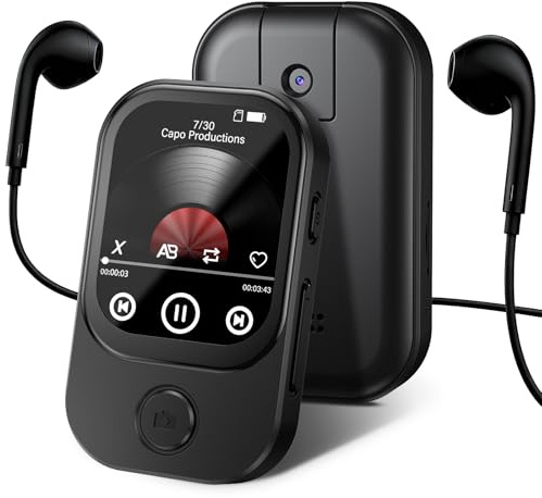 64 Go Lecteur MP3 avec Bluetooth 5.4, Caméra Pivotante à 180°, Mini Lecteur Musique, Haut-Parleur HD, Radio FM, Album Photo, Son HiFi Idéal, Liseuse de Livres électroniques, Podomètre de Sport