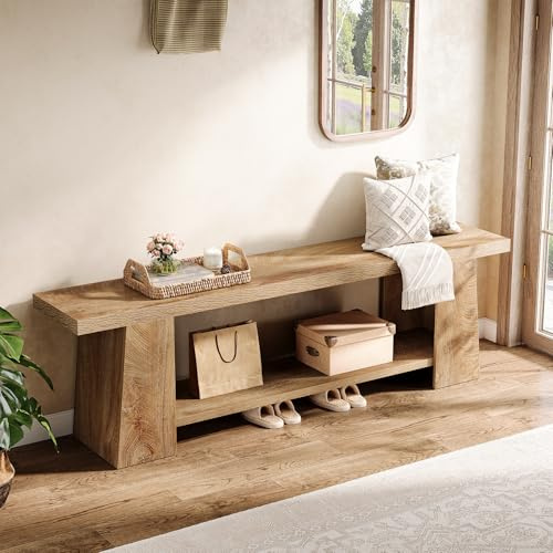 Tribesigns 59 Entryway Bench with Shoe Storage, Wood Bench, Natural | 2-Tier Farmhouse Long Rustic Bench, holds up to 300 lbs. Great for Hallway, Foyer, Bedroom, Dining, Mudroom, Window, Indoor