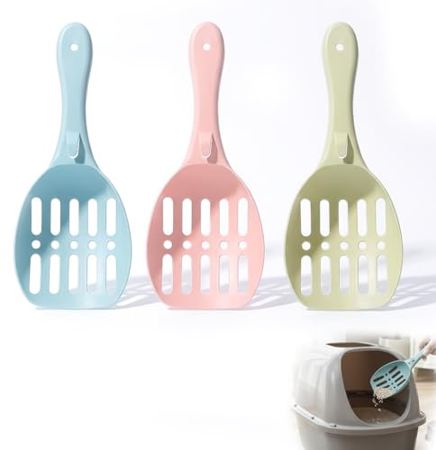 Haoyic 3 Pcs Cat Litter Scoop, Litter Scoop, Plastic Cat Poop Scoops Cat Litter Tray, Handy Sand Sifter Poop Sieve Cleaning Tool Cat Scoops Set for Cats & Kittens (Blue, Green and Pink)