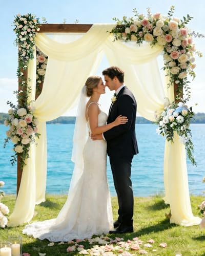 2 Pcs 30 x 19.7Ft Wedding Arch Draping Fabric Light Yellow Tulle Backdrop | Chiffon Voile Draping Fabric, Wrinkle Resistant Backdrop Curtain for Wedding Arbor Archway Ceremony, Ceiling Decorations