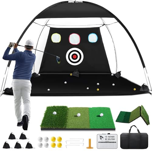 Golf Net, 10x7ft Golf Hitting Aid with Mat, Designed for Outdoor & Indoor Use, Practice Nets for Backyard Driving Real Balls, Ideal Gifts for Men Dad Husband & Golfers (10x7ft)