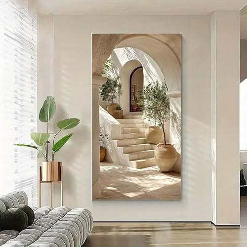 XIANGPEIFBH Großer mediterraner Olivenbaum-Leinwanddruck, moderne beige-weiße Insellandschaft, Wandposter für die Heimdekoration 100x200cm/39x79in Ungerahmt