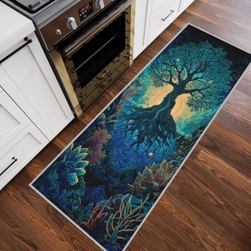 Generisch Baum des Lebens Teppich Läufer Flur 70x200, Türkis Keltische Küchenläufer rutschfest, Fantasie Wald Waschbar Kurzflor Teppiche für Küche Schlafzimmer Bettvorleger Wohnzimmer （TgY20J）