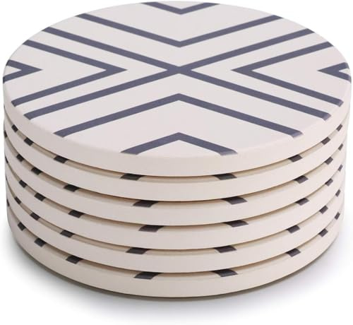 LIFVER Coasters for Drinks, Absorbent Coaster Set of 6 with Cork Base, Ceramic Drink Coasters for Cold Drinks Wine Glasses Cups Mugs, Grey-line