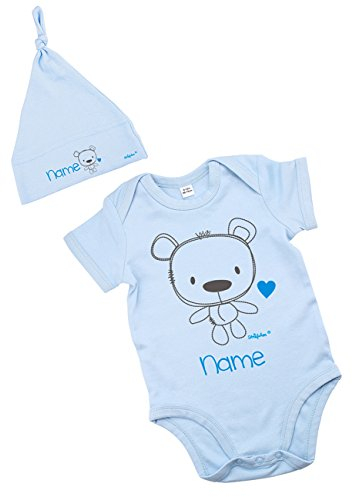 Striefchen® hellblaues Babyset mit Namen - Babybody und Babymütze -Teddybär - als Babygeschenk Größe 3-6 Monate