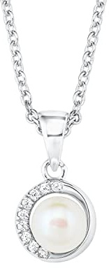 s.Oliver Kette mit Anhänger 925 Sterling Silber Damen Halsschmuck, mit Zirkonia synth., mit Süßwasserzuchtperle, 42+3 cm, Silber, Kommt in Schmuck Geschenk Box, 2022755