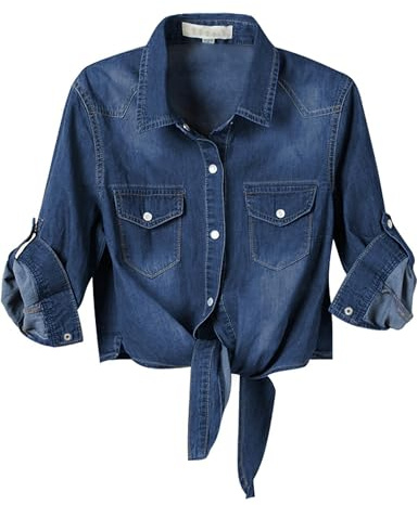 Omoone Women's 3/4 Sleeve Modern Denim Crop Top Tie Knot Shirt Cardigan (0774-Dark Blue-S)