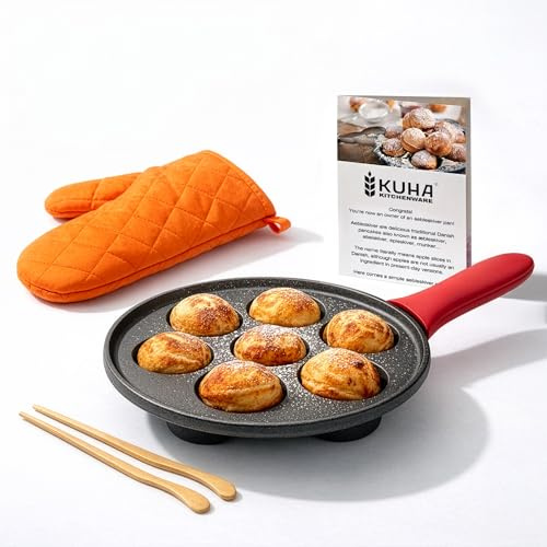KUHA Cast Iron Aebleskiver Pan | Pre-Seasoned Pan for Authentic Danish Pancake Making, Poffertjes, Takoyaki, Appam & Paniyaram | Silicone Handle, Oven Mitt & Bamboo Skewers Included | 7.9 Diameter