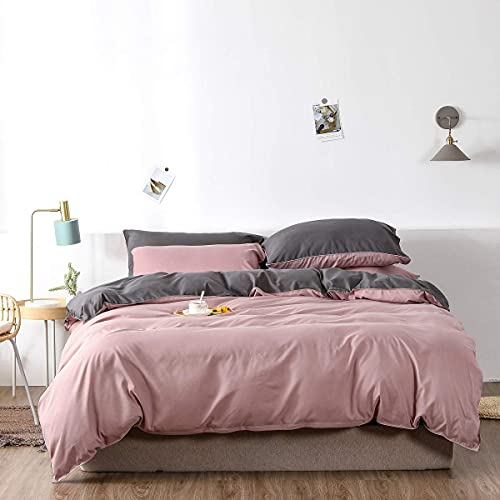 Chanyuan Bettwäsche 200 x 220 cm Rosa Grau Microfaser Wendebettwäsche Set Uni Deckenbezug Doppelbett Bettbezug 200x220cm mit Reißverschluss und 2 Kissenbezüge 80 x 80 cm