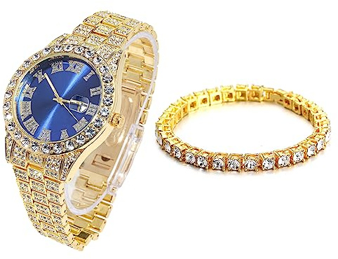 HALUKAKAH Diamante Reloj de Oro Iced out,Hombre Chapado en Oro Real de 18k Cuarzo Pulsera 24cm Esfera Azul,con Cadena de Tenis Pulsera 20cm,Viene con Caja de Regalo