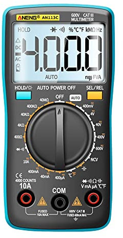 SATMW AN113C Multímetro Digital 4000 Cuentas True RMS Pantalla LCD AC y DC Tester Voltaje Voltímetro Amperímetro Voltímetro - Azul (sin Caja)