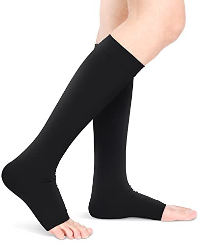 Chaussettes de Compression à Bout Ouvert, 20-30 mmHg, Support Gradué pour Mollet et Genou, pour Voyage, Grossesse, Varices, Noir, Taille M