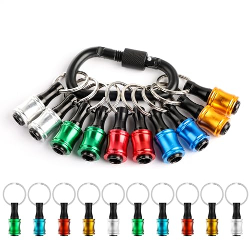 Katerk Drill Bit Holder Keychain 10Pcs 1/4 Hex Shank Screwdriver Bit Holder | Portable Quick Release Bit Holder for Impact Driver Socket Drill Extension Bit Holder Screw, w/Black Carabiner, Gift for Men