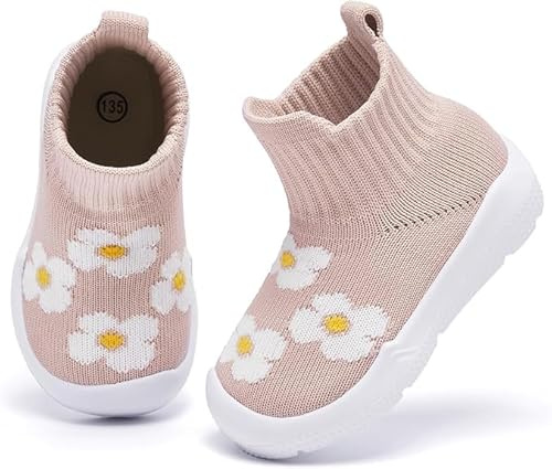MORENDL Toddler Sock Shoes Baby Walking Shoes Infant Slippers Boys & Girls Non-Slip Sneakers Beige Flower 9-12 Months
