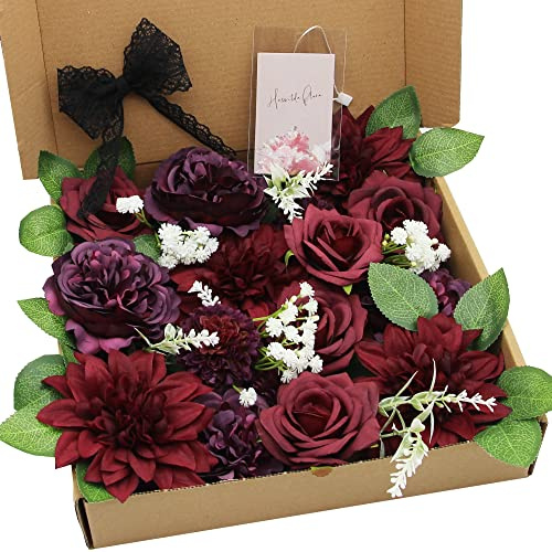 HASWITDA Künstliche Seidenblumenstraußbox Kunstblumenstrauß Kiste Kunstblume Kopf Gefälschte Tischdekoration Arrangement für Hochzeit Geburtstag Babyparty Party Geschenk Dunkelrot