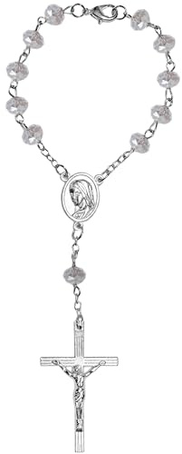 Kaltner Präsente Geschenkidee - Kurzer Auto Rosenkranz für Damen und Herren mit Kreuz Anhänger Marienbild und Glas Perlen Farbe Kristall transparent (Länge 17 cm)