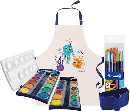Pelikan 720631 Deckfarbkasten K24, 24 Qualitätsfarben und 1 Tube Deckweiß (7,5 ml) Malset I inkl. Baumwoll-Malschürze, 8 langlebigen Synthetik-Borstenpinseln und passender Pinsel-Waschbox Schulset
