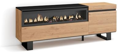 Skraut Home | Mueble TV | Televisión | Muebles de salón, almacenaje | 150x57x35cm | para TV hasta 65 | Chimenea eléctrica | Diseño Industrial | Estilo Moderno | Roble y Negro