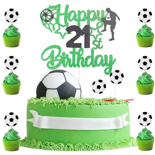 BIGJIYU 9pcs 21st Cake Toppers Football,Personalised 21 Football Party Decorations,Football Cake Decorations 21st,1 Double Sided Glitter Cake Topper with 8 Soccer Cupcake for Birthday Party Suppliers