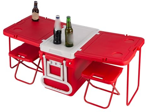 Gecheer Camping Kühlschrank,Auto-Camping-Kühlschrank,Camping Kühlbox 32 L Rolling Cooler Eistruhe Camping Outdoor Picknick Tragbare Wärmeisolationsbox-Mit Tisch und Stühlen(Rot)