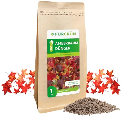 Purgrün® Bio-Amberbaum-Dünger 1 kg – Organisch-mineralische Rezeptur – Feinkörniges Krümelgranulat – NPK 6+3+8 – Mit Magnesium für eine intensive Blattfärbung – Verbessert die Bodenqualität