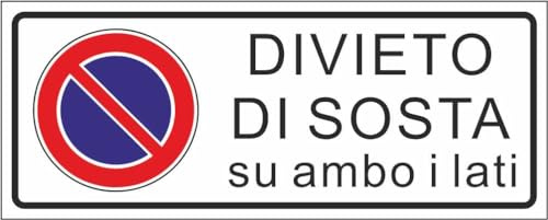 M-ITALY CARTELLO SEGNALETICO UNI - Divieto di sosta ambo i lati - Adesivo Extra Resistente, Pannello in Forex, Pannello In Alluminio (30x12, Alluminio)