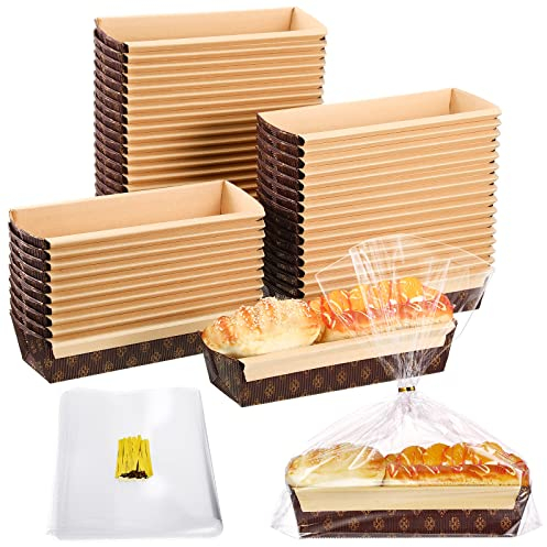 Lot de 50 moules à pain en papier jetables pour la cuisson de 22,9 x 7,6 x 7,6 cm - 50 pièces jetables - Sacs à pain transparents avec attaches - Sacs de rangement pour produits de boulangerie