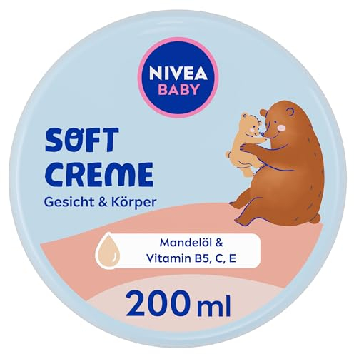 NIVEA BABY Soft Pflegecreme, vegane und hypoallergene Hautcreme, feuchtigkeitsspendende Creme für Babys mit Mandelöl & Vitaminen, Babypflege ohne Mikroplastik und Parabene (200 ml)