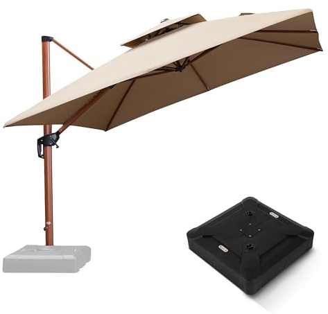 PURPLE LEAF Holzoptik 300 × 300 cm Ampelschirm mit Ständer Alu-Griff Beige | Neigen mit Kurbel & Drehen mit Fußpedal, Leichte Anpassung, Rostfreier Alurahmen, Verstärktes Standrohr, Stabil & Windfest