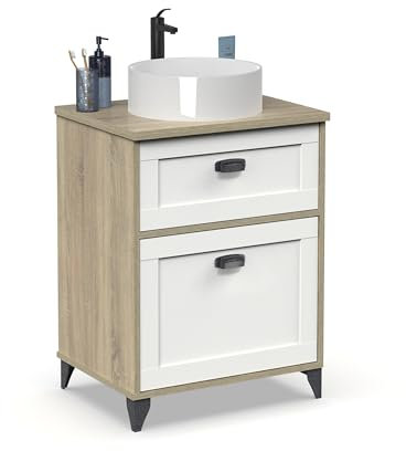 MUEBLES PITARCH | Mueble de Baño 60cm Ancho con Patas, Cajón guías Cierre Suave, 1 Puerta, para Lavabo de sobreponer, Blanco y Roble Cambrian, Estilo Vintage Modelo Toscana