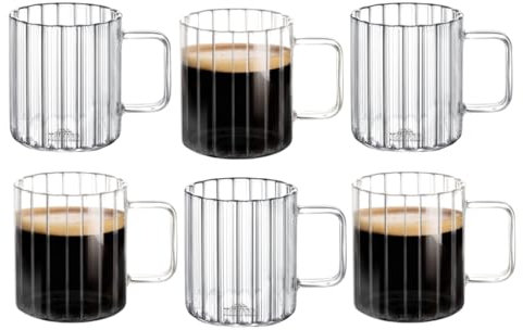 Wilmax - Bicchieri termici con manico - Set da 6-150 ml - Bicchieri in vetro scanalato per acqua, tè, caffè - Bicchieri per bevande calde e fredde - Lavabili in lavastoviglie