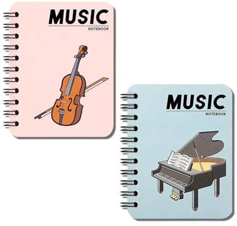 Lot de 2 carnets à spirale A7 sur le thème de la musique, piano, violon, violoncelle, petit journal de poche à reliure spirale, bloc-notes pour enfants, étudiants, fournitures de papeterie scolaire