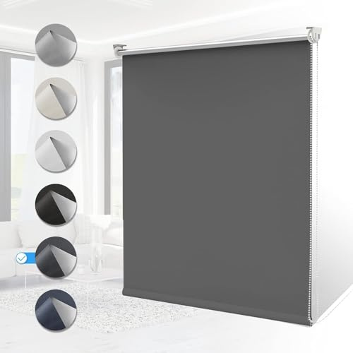 Verdunklungsrollo Klemmfix ohne Bohren Rollos für Fenster Innen B60 x H200 cm Dunkelgrau Thermorollo Klemmrollo Seitenzugrollo Sicht-und Sonnenschutz Wandmontage