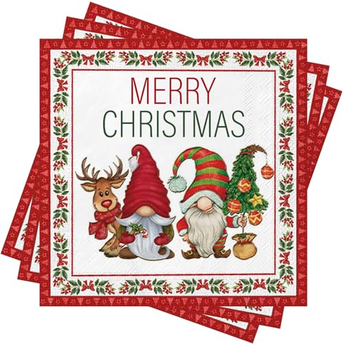 Xunerloy 40Stück Weihnachten Servietten Weihnachtsservietten mit Wichtel Gnome Servietten Weihnachten Deko Geburtstag Rot Merry Christmas Napkins Winter Weihnachts Tischdeko Papierservietten