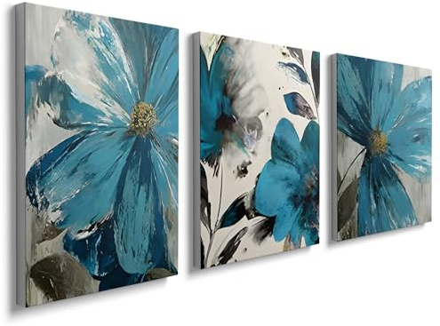 prinfantasy 3PCS Canvas Wall Art Framed - Blue Flowers Wall Art for Living Room Pictures for Bedroom Bathroom Decor Kitchen Pictures Walls Decor 12x16in YH1303