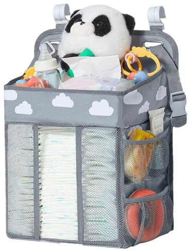 Baby Diaper Caddy Organizer, Multi-Compartment Nursery Baby Diaper Caddy with Adjustable Straps, Portable Hanging Diaper Stacker for Stroller, Car, Travel, Nursery (Grey)