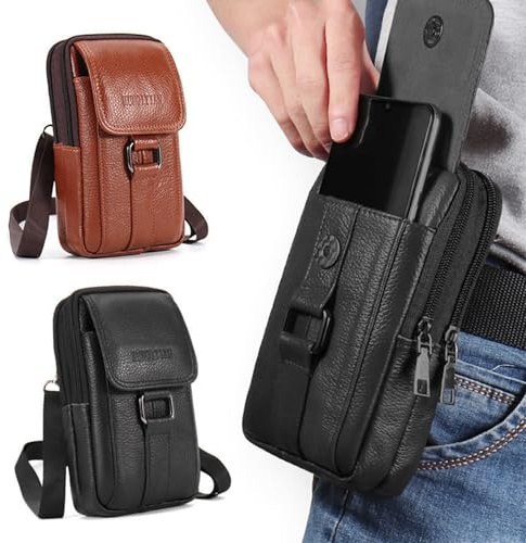 Hwtcjx Bolso Teléfono Movil, Bolso para Movil, Cuero Genuino Bolsa Cintura Hombre, Bolso Bandolera, Funda Movil Cinturon, Riñonera Trabajo, Hombres Bolsa de Hombro Embrague