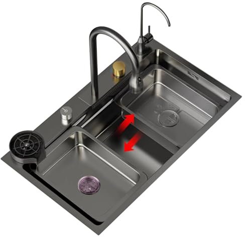 CZAOERXB Küche Multifunktionale Küchenvorbereitungsspüle Restaurant-Bar-Spüle mit Tassenwaschmaschine Wasserhahn Edelstahl Wasserfall Auslaufspüle Balkon Handwaschbecken Poolspülen