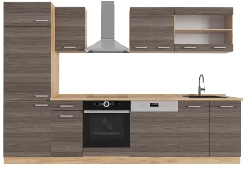 Vicco Küchenzeile R-Line, Edelgrau/Goldkraft Eiche, 300 cm