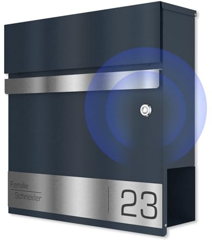 Graviers Design Briefkasten in Anthrazit RAL 7016 mit Funkklingel - Postkasten personalisiert Edelstahl Namensschild Laserschnitt Gravur - mit Schloss Zeitungsfach