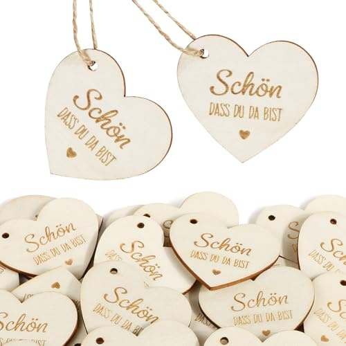 BOFUNX 30 Stücke Holz Geschenkanhänger Schön Dass Du Da Bist Holzanhänger Herz Holzscheiben Holzdeko Streudeko für Hochzeit Taufe Geburtstag Party