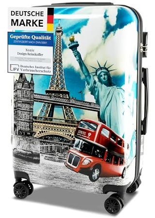 Xonic Design Reisekoffer - Hartschalen-Koffer mit 360° Leichtlauf-Rollen - hochwertiger Trolley mit Zahlenschloss Polycarbonat in M-L-XL oder Set (Big City, L)