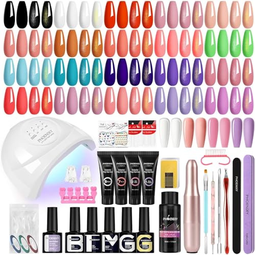 Phoenixy Kit Vernis Semi Permanent 20 Couleur 48W Lampe U V + 4 Couleur 15 ML Poly Extension Gel Base Coat Top Coat Kit Ongle Gel UV Complet pour Débutants