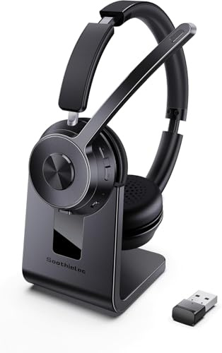 Soothielec Wireless Headset, Bluetooth Headset with Noise Cancelling Microphone, Headphones with Mic Mute & USB Dongle for PC/Computer/Laptop/Cell Phones/Remote Work/Call Center