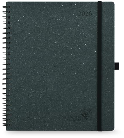POPRUN Kalender 2026 Wochenplaner Ringbuch, ca. A4 (26,5 x 21,5 cm), Hergestellt aus Erneuerbaren und Umweltfreundlichen Materialien, Terminplaner 2026 mit 80 GSM Recyceltes Papier - Schwarzgrau